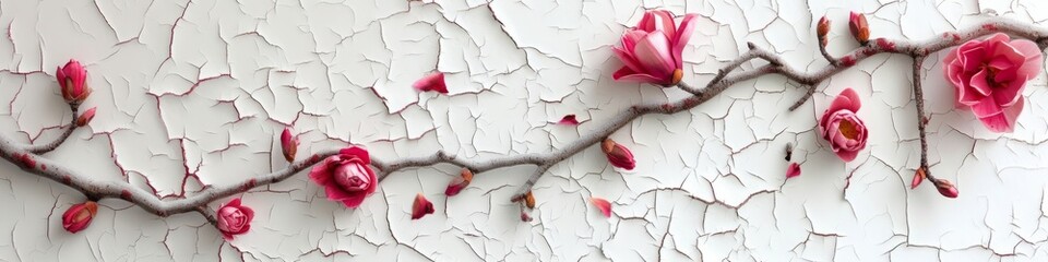 cracked old surface with flowers background.