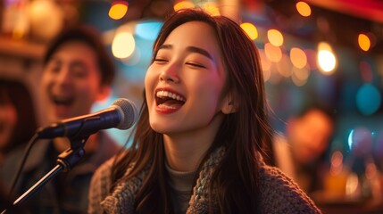 asian people concept, portrait of group of friends enjoys a lively karaoke session, singing their hearts out in a cozy bar