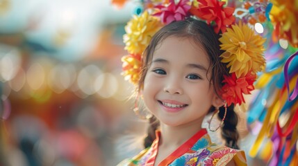 asian people concept, portrait of young girl participates in a colorful cultural festival, wearing vibrant traditional attire