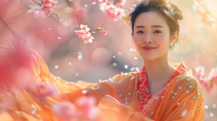 asian people concept, portrait of young woman in traditional attire performs a graceful dance amidst cherry blossoms