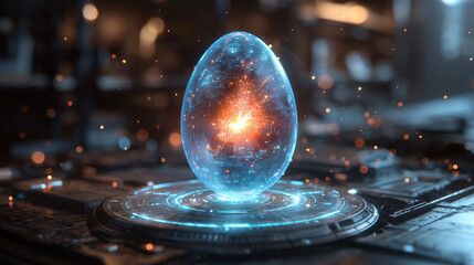 The egg in a digital neon circle. digital technology and eco friendly technology concept. future technology growing concepts. Digital animal husbandry and animal breeding concept.