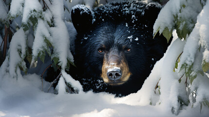 Black Bear Hibernating in the Winter Snow with Frosted