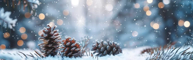 Foto auf Alu-Dibond Christmas background, pine cone on snow-covered branches with bokeh lights in the background, enchanting winter landscape. Web banner with copy space © k-PHOTO