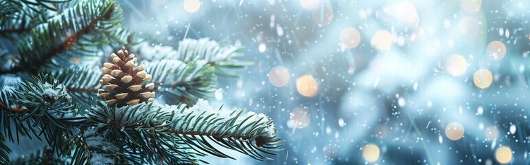 Christmas background, pine cone on snow-covered branches with bokeh lights in the background, enchanting winter landscape. Web banner with copy space - obrazy, fototapety, plakaty