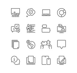 Set of business people meeting related icons, business communication, team structure, one on one meeting, presentation and linear variety vectors.