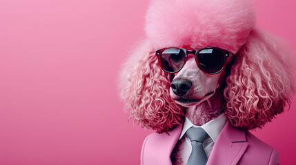 Cool looking pink dog wearing elegant suit with scarf and sunglasses. Stylish animal posing. Wide banner with copy space for text at side. Pink background.