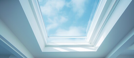 A bathroom with a skylight in the ceiling, allowing natural light to illuminate the space. The room features a bathtub, sink, and mirror, all under the bright skylight.