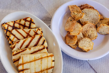 Grilled Halloumi and Kolokasi - Taro chips in Cyprus island country