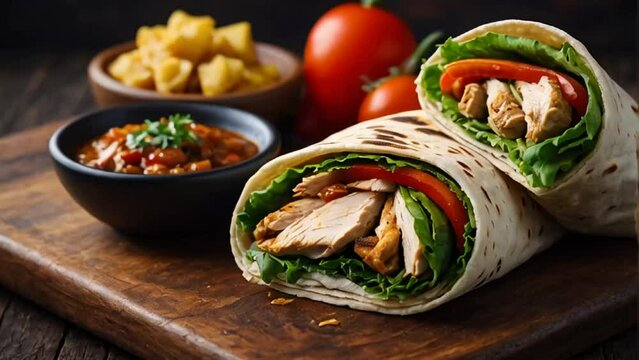 Delicious shawarma with chicken and vegetables in the kitchen

