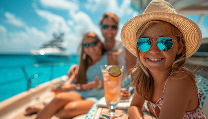 family with children with cocktails relax on a yacht on the sandy sea beach.