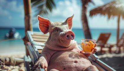 A funny pig is relaxing on a sea resort beach and drinking a cocktail.