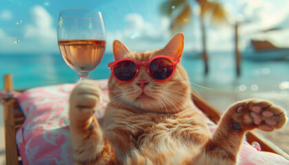 Fashionable cat relaxes on the sandy beach of a seaside resort and drinks a cocktail.