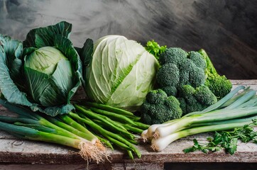 légumes verts, chou, brocoli, poireaux, sur une table en bois