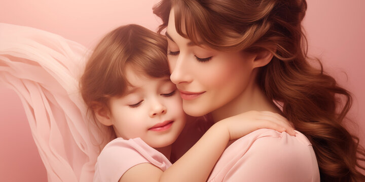 Mother and little kid daughter isolated on pink background, Mother's Day love family parenthood childhood concept, Portrait of mother with daughter