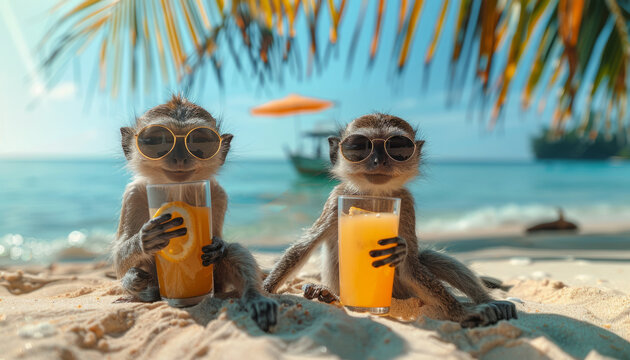 Monkeys relax on a wet beach on vacation and drink a cocktail.