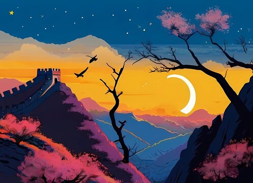 レトロ版画風中国万里の長城イメージイラスト