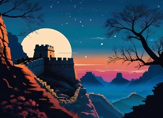 影絵風レトロポップ中国万里の長城イメージ