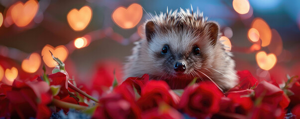 Amidst red roses and soft glowing lights, a cute hedgehog sits, evoking a romantic and whimsical ambiance.