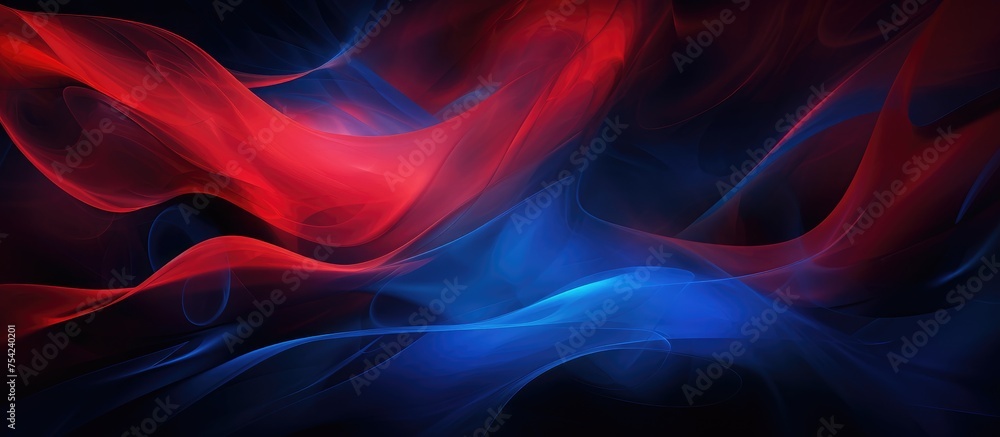 Poster a vibrant abstract painting featuring bold strokes of red and blue that intertwine and overlap. the 