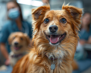The focal point of the scene is a happy golden dog, its tongue out in delight, with blurred figures of its owners smiling in the background.