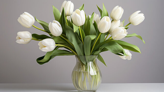 Bouquet of white tulips in a vase .