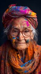 Background for Holi holiday, voluminous and airy colored powder on the face of an elderly old woman and empty space for design.