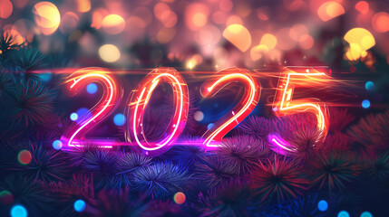 Happy New Year 2025, bright glowing neon sign typography numbers design over bokeh background with Christmas tree branches