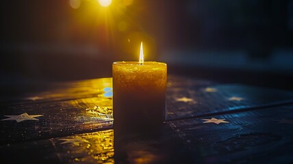 Evocative image of a single candle burning brightly against the backdrop of an American flag
