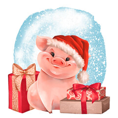 Cute Piglet in Santa hat and presents. Animal illustration for Christmas cards. - 754240863