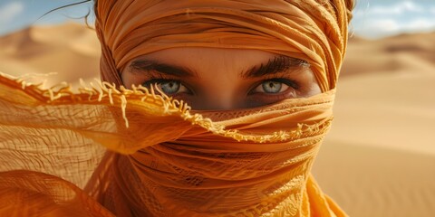 Protecting Face from Blowing Sand in Desert with Scarf. Concept Desert Adventure, Scarf Protection, Warding off Sand, Outdoor Excursion, Head Covering