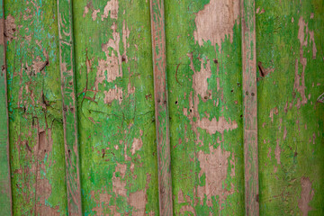 Green painted wooden wall with nails hammered in and paint peeling off in places