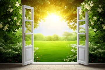 Frame on an opened door to nature background
