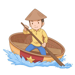 Cartoon man rowing a basket boat which is made from bamboo woven into a round boat in Vietnam.