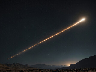 Comet with tail in the night sky with stars over a desert landscape