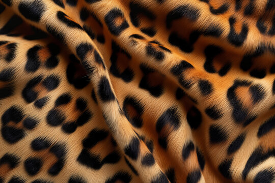 A close up picture of a wild cheetah skin. animal pattern blanket. fabrics texture. hair and fluffy wallpaper for backgrounds and backdrop. cloth with spots on it with brown and orange, AI Generated.