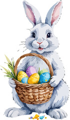 Easter bunny with wicker basket and easter eggs. Cartoon illustration. A vector in watercolor style
