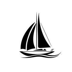 Minimalist logo of a sailing boat, simple black and white vector on white background