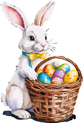 Easter bunny with wicker basket and easter eggs. Cartoon illustration. A vector in watercolor style