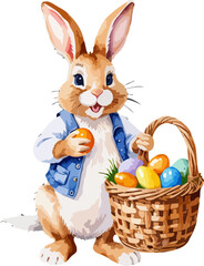 Easter bunny with wicker basket and easter eggs. Cartoon illustration. A vector in watercolor style