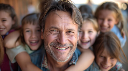 Portrait of adult man teacher surrounded with smiling children indoors. Generative AI - 754242012