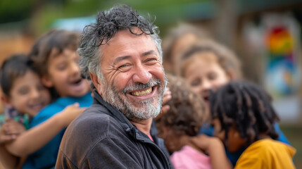 Portrait of happy caucasian man teacher looking over his shoulder with excited children playing behind him outdoor. Generative AI - 754242035