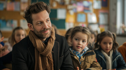 Portrait of handsome male teacher in preschool with small children around him. Generative AI - 754242040