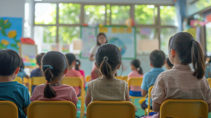 Rear view of asian children sitting on chairs in classroom and looking at female teacher in preschool or primary school. Generative AI - 754242054