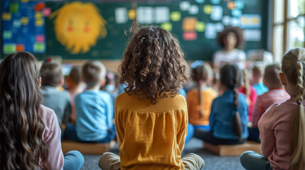 Rear view of children sitting on floor and looking at female teacher in class room in kindergarten or preschool. Generative AI - 754242075