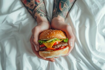 close-up on male man hands with tattoos holding a sandwich hamburger on white hotel textile bed...