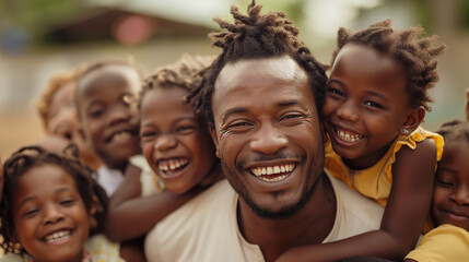 Portrait of adult African-American man teacher surrounded with happy, exited children outdoor. Generative AI