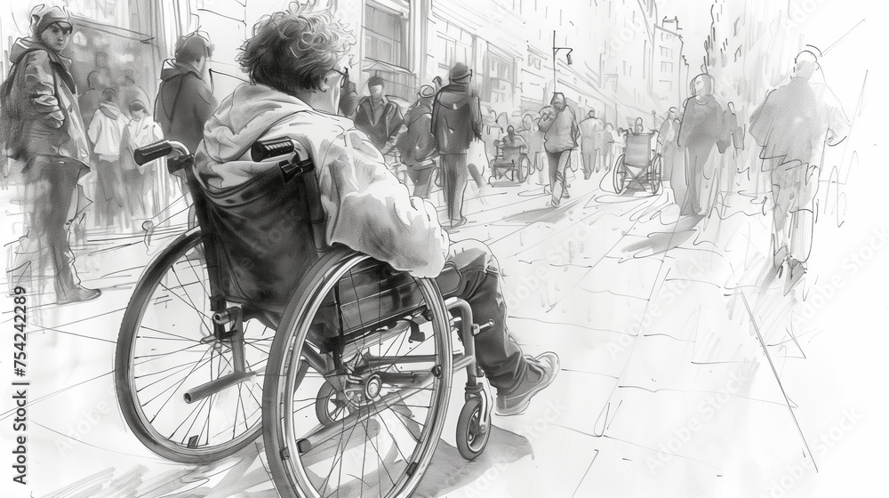 Wall mural close up confused cerebral palsy man sitting in the wheelchair at crowded city street. monochrome bl