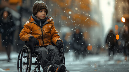 Close up photo of confused cerebral palsy boy sitting in the wheelchair at crowded city street under the snowfall. 
 - obrazy, fototapety, plakaty