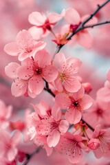 A beautiful close-up image of a blooming peach tree or almond tree. A symbol of spring, nature and awakening. Vertical image.