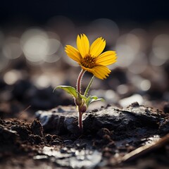 yellow flower defiantly growing from cracked, muddy earth